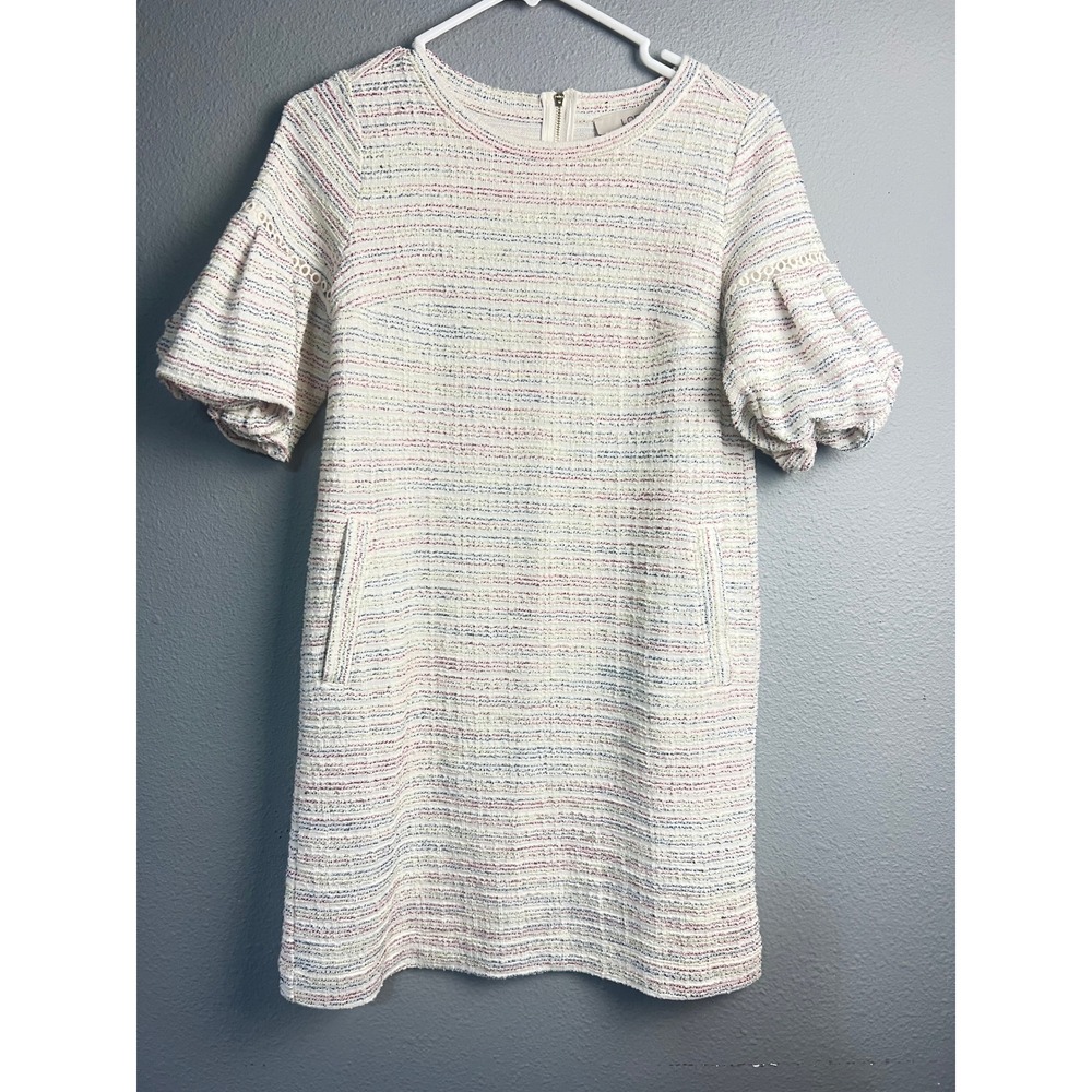 LOFT‎ XXSP Confetti Tweed 70s Granny Shift Dress White Multi Puff Sleeve Pockets
